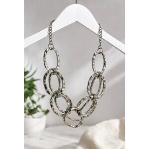 Hammered Silver Tone Link Necklace Chunky Statement Chain 10.5”